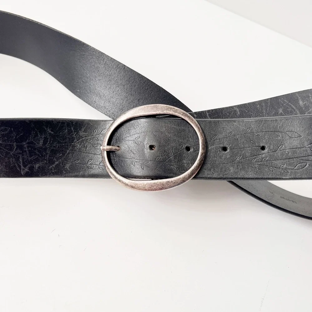 Eddie Bauer Leather Belt XL Black Floral Vine Embossed Boho 90s Silver Buckle